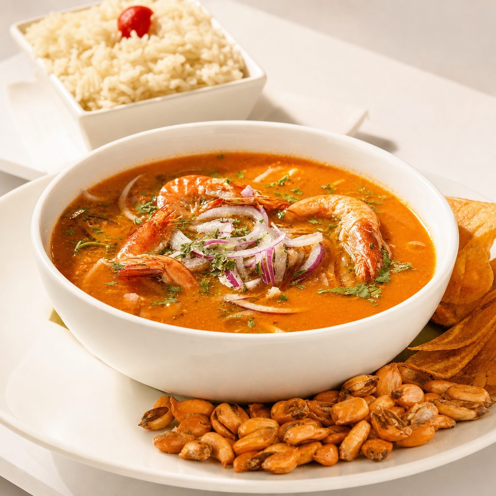 Encebollado Mixto / Tuna Fish and Shrimp Soup.